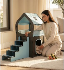 Teraslı Kedi Evi - Dubleks, Bebek Mavisi + Antrasit Gri - Modern Dekora Uyumlu Şık ve Ferah