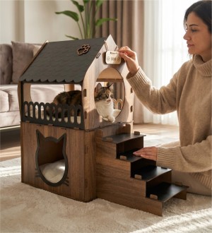 Teraslı Kedi Evi - Dubleks Çift Katlı Modern İç Mekana Uygun - Kediniz İçin Hem Eğlenceli Hem Konforlu Bir Yaşam Alanı