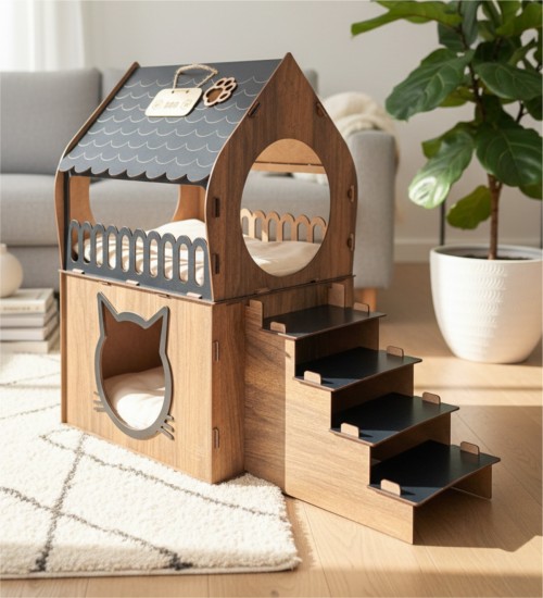 Teraslı Kedi Evi - Dubleks Çift Katlı Modern İç Mekana Uygun - Kediniz İçin Hem Eğlenceli Hem Konforlu Bir Yaşam Alanı