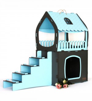 Çift Katlı, Teraslı, Dublex Kedi Evi - Kedinize Konforlu Bir Alan - Bebek Mavisi + Antrasit Gri - Teraslı Kedi Evi, İç Mekan Kedi Evi, Modern Kedi Evi