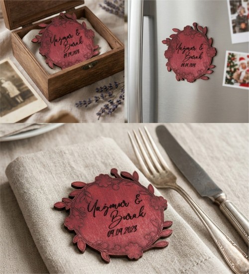 Ahşap Magnet - İsimli Tarihli Nikah Nişan Düğün Kına Model 3 ile Klasik Şıklıkta Kalıcı Bir Anı Bırakın