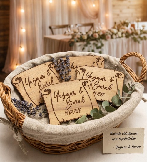 Ahşap Magnet -Sultan Fermanı- İsimli Tarihli Nikah Nişan Kına İçin Osmanlı Esintili Zarif ve Anlamlı Bir Hatıra