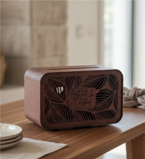 Takı / Zarf Sandığı - İsimli, Ahşap, Yaprak Desenli & Kalite - Özel Anılara Yakışır Şık ve Anlamlı Bir Sunum