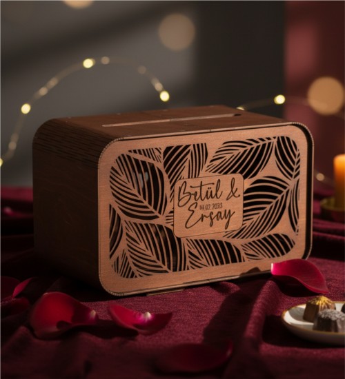Takı / Zarf Sandığı - İsimli, Ahşap, Yaprak Desenli & Kalite - Özel Anılara Yakışır Şık ve Anlamlı Bir Sunum